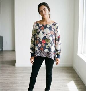 The Odells 100% Silk Dark Floral Geometric Knit Trim High-Low Blouse Top S